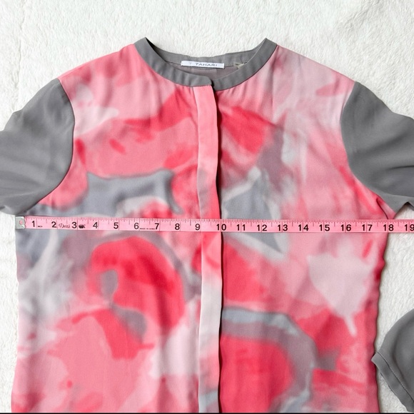 T Tahari | Grey/Pink Watercolor Print Layered Roll-Tab Button Down Blouse - Picture 15 of 16